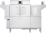 A sleek, industrial Hobart conveyor dishwasher features double front doors, rectangular handles, side panels, a digital control screen at the top center, and sturdy metal legs. Its advanced drain water energy recovery system ensures efficient operation.