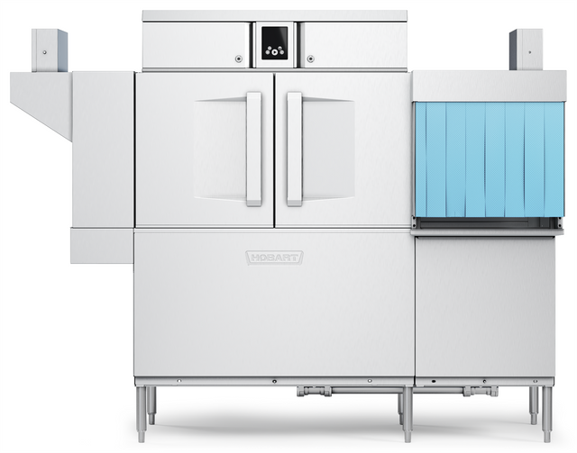 Front view of a large conveyor dishwasher with double doors, a digital control panel above, metallic exterior, and a blue vertical curtain of plastic flaps on the right side—an automated, Energy Star warewashing system.