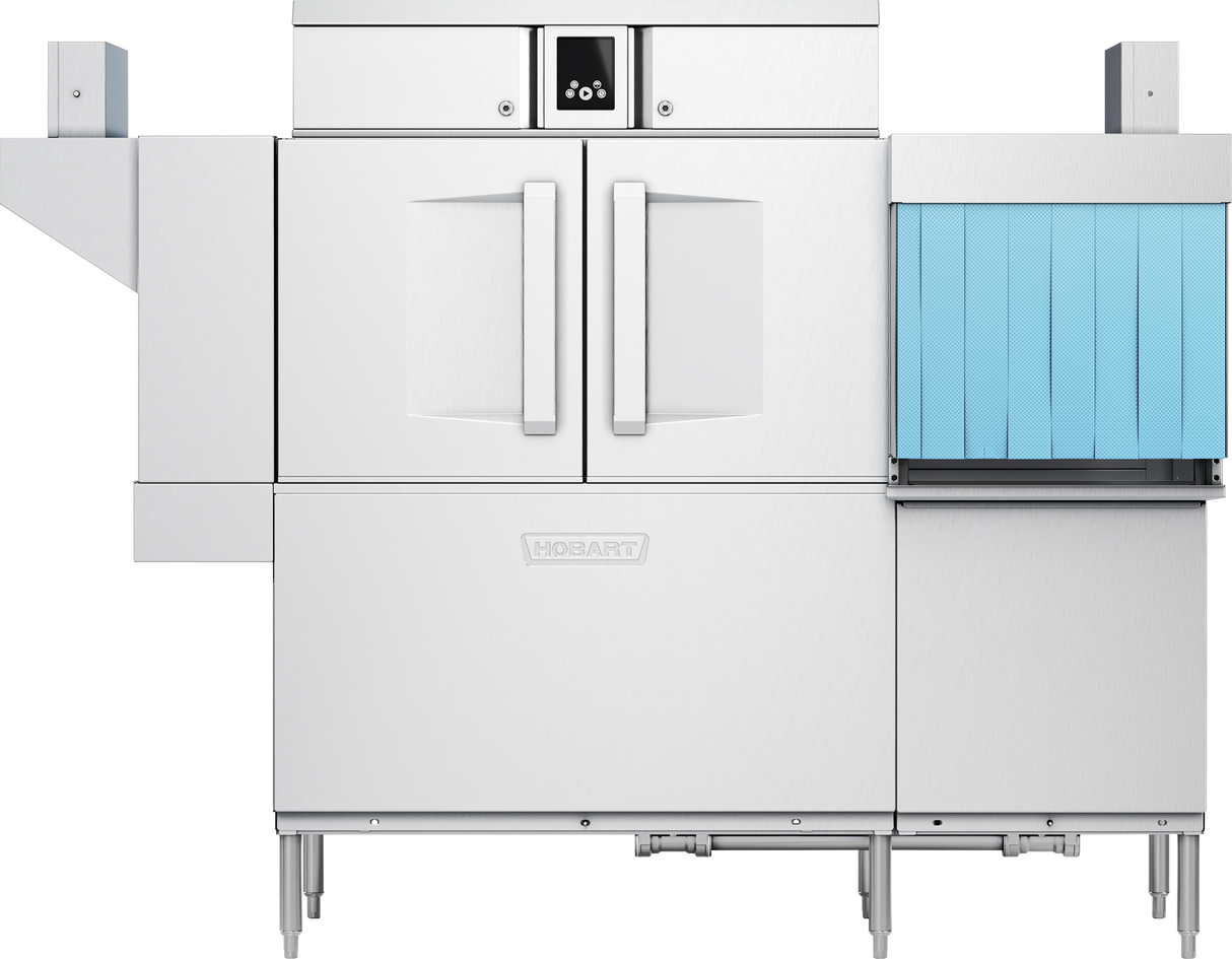 A commercial stainless steel conveyor dishwasher with double doors in the center, a black digital display and touch screen controls above, and a blue vertical curtain on the right for dish racks. The Hobart brand is embossed on the front panel, supported by four sturdy legs.