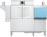 A commercial stainless steel conveyor dishwasher with double doors in the center, a black digital display and touch screen controls above, and a blue vertical curtain on the right for dish racks. The Hobart brand is embossed on the front panel, supported by four sturdy legs.