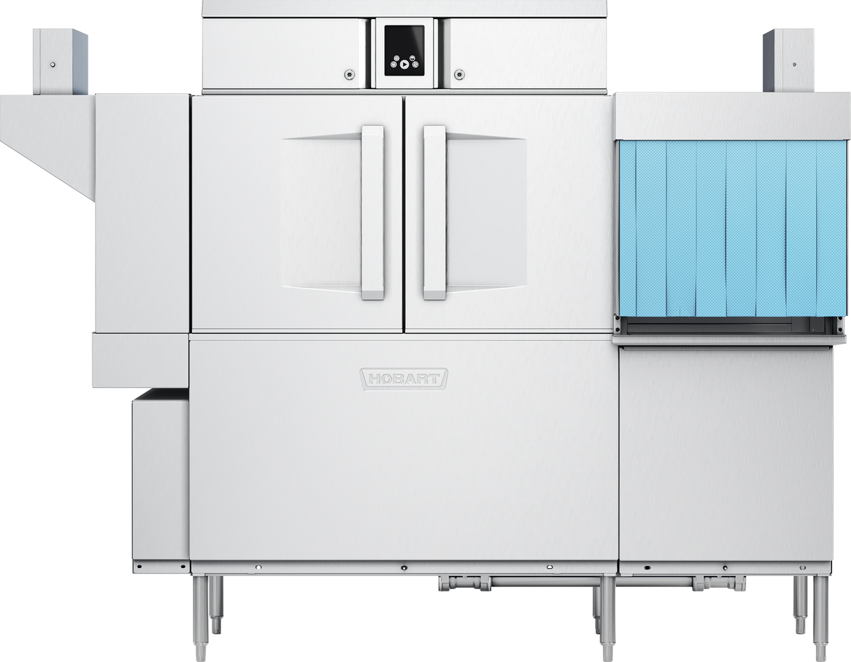 A commercial stainless steel conveyor dishwasher with double doors in the center, a digital control panel above, and a blue curtain-like section for loading dishes. The Hobart machine is elevated on metal legs and features drain water energy recovery.