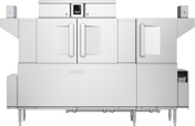 A large, industrial stainless steel conveyor dishwasher with double doors, a digital control panel at the top center, two side compartments with glass panels, and the Hobart brand name displayed on the front. Features Drain Water Energy Recovery for added efficiency.