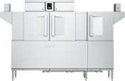 A large, stainless steel Hobart conveyor dishwasher with double doors in the center, a control panel above, and side panels extending outward. The appliance stands on four legs and features advanced touch screen controls for easy operation.