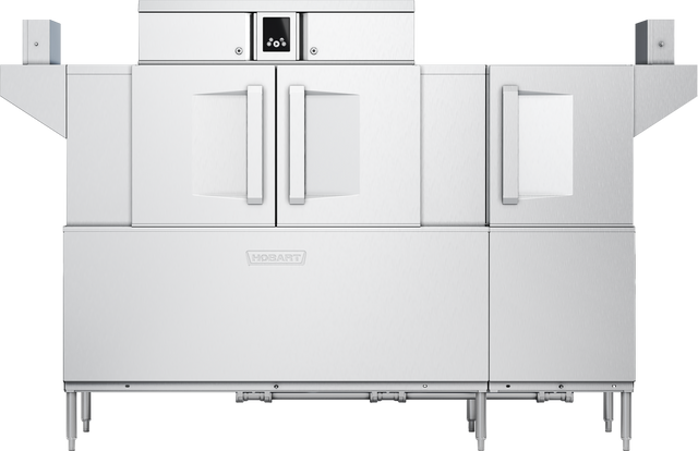 A large, stainless steel Hobart conveyor dishwasher with double doors in the center, a control panel above, and side panels extending outward. The appliance stands on four legs and features advanced touch screen controls for easy operation.