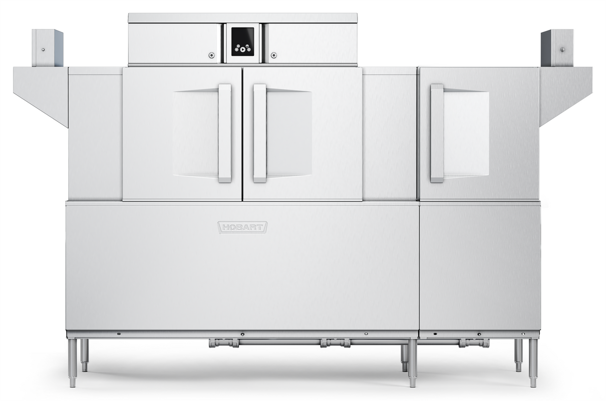 A large, industrial Hobart conveyor dishwasher with two vertical handles on front doors, touch screen controls at the top center, and sturdy legs. The stainless steel unit boasts a clean, modern design for efficient commercial cleaning.