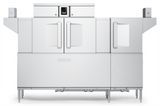 A large, industrial Hobart conveyor dishwasher with two vertical handles on front doors, touch screen controls at the top center, and sturdy legs. The stainless steel unit boasts a clean, modern design for efficient commercial cleaning.