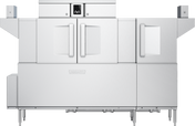 A large, industrial stainless steel conveyor dishwasher with two vertical handles on double doors, a top-center display with touch screen controls, and side compartments. Elevated on metal legs, it features the Hobart logo on the front panel.