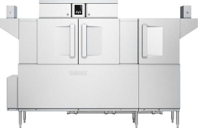A large, industrial stainless steel conveyor dishwasher with two vertical handles on double doors, a top-center display with touch screen controls, and side compartments. Elevated on metal legs, it features the Hobart logo on the front panel.