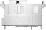 A large, industrial stainless steel high capacity dishwasher with double doors, a small digital control panel at the top center, two side panels, and sturdy legs. The Hobart brand logo is visible on the front lower section. The machine has a sleek, modern design.