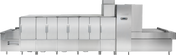 A large, industrial stainless steel Hobart FT1000E with multiple compartments, panels, and doors, designed for automated cleaning in commercial settings. This ENERGY STAR low energy flight type dish machine features a control panel and a conveyor system.