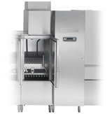 A commercial stainless steel Hobart FT1000E ENERGY STAR dishwasher with an open door revealing interior racks and a conveyor system, ideal as a low energy flight type dish machine for industrial or restaurant use. Control panel and brand name are front-facing.