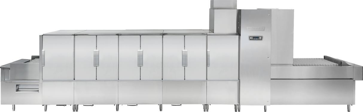 A large, industrial stainless steel ventless flight type dish machine with multiple compartments, access doors, an automatic soil removal system, and a conveyor belt—designed for high-capacity cleaning and energy recovery in modern commercial kitchens.