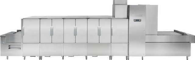 A large, industrial stainless steel ventless flight type dish machine with multiple compartments, access doors, an automatic soil removal system, and a conveyor belt—designed for high-capacity cleaning and energy recovery in modern commercial kitchens.