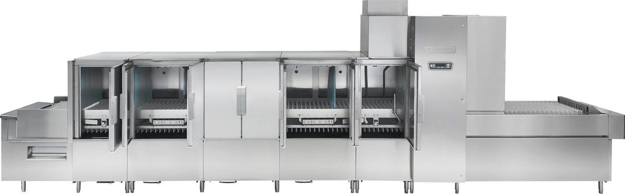 Large industrial stainless steel ventless flight type dish machine with multiple compartments and conveyor belts. Featuring energy recovery and an automatic soil removal system, it’s designed for high-capacity cleaning in commercial kitchens with a sleek, modern look.