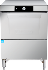 A commercial stainless steel Hobart undercounter dishwasher stands on four legs. It features a black control panel with a white triangular power button and digital display. The plain front door is embossed with the Hobart logo at the center.