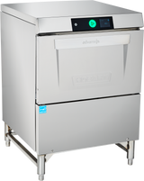 A commercial stainless steel undercounter dishwasher with a front-facing door, digital control panel, and green start button. The machine stands on four metal legs and features the Hobart logo and “advansys” branding on the front.