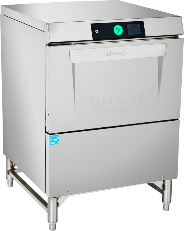 A commercial stainless steel Advansys undercounter dishwasher with a digital display, “HOBART” embossed on the door, a large front handle, sturdy legs, and a sticker on the bottom left corner.