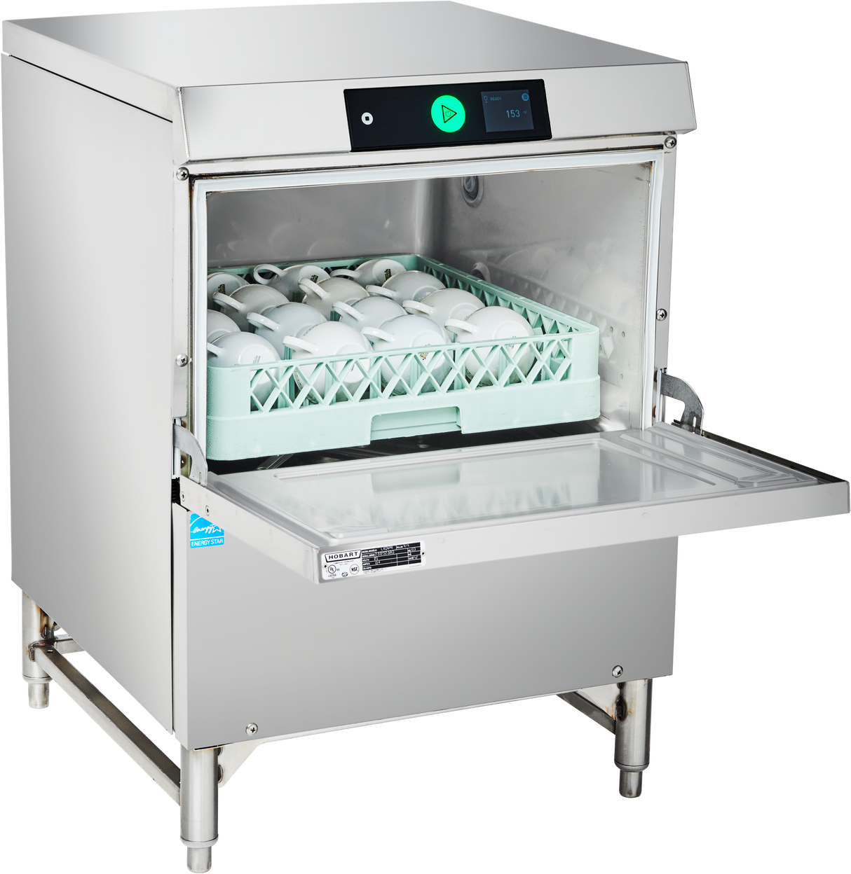 An ADA compliant undercounter dishwasher with its front door open reveals a green rack filled with white cups. The commercial stainless steel unit features a digital control panel with a green button and stands on four metal legs against a white background.
