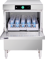 A stainless steel undercounter dishwasher stands with its door open, revealing a rack of spotless, upside-down glasses. The digital panel displays a green play button and temperature, highlighting its reliable hot water sanitation for glassware.