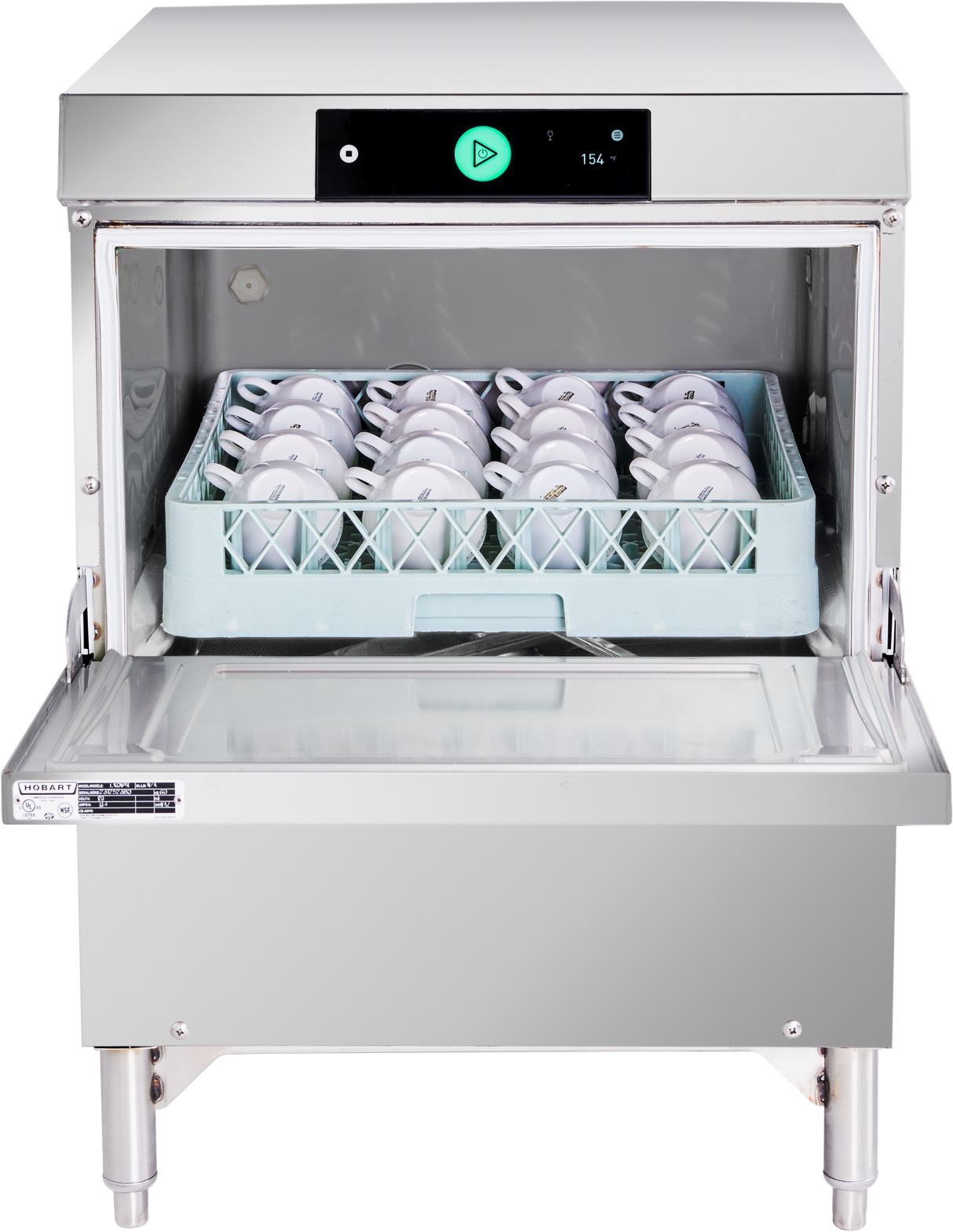 A commercial undercounter dishwasher with a front-open door displays a tray of neatly organized white cups inside. The stainless steel, energy efficient machine features a digital control panel and green power button, set in a clean, industrial environment.