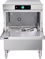 A stainless steel ADA compliant undercounter dishwasher with an open front door reveals the empty washing chamber inside. The control panel at the top displays a green power button, a triangle symbol, and a digital readout on a black background.