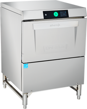 A commercial stainless steel undercounter dishwasher with a front-loading door, digital control panel, and advansys label. The Hobart unit features energy recovery technology and stands on four metal legs with a small blue sticker at the bottom left corner.