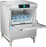 A stainless steel undercounter dishwasher with the door open, showing a rack of clean glassware. The control panel on top features buttons and a digital screen. This modern, industrial glasswasher stands on metal legs and is perfect for commercial kitchens.