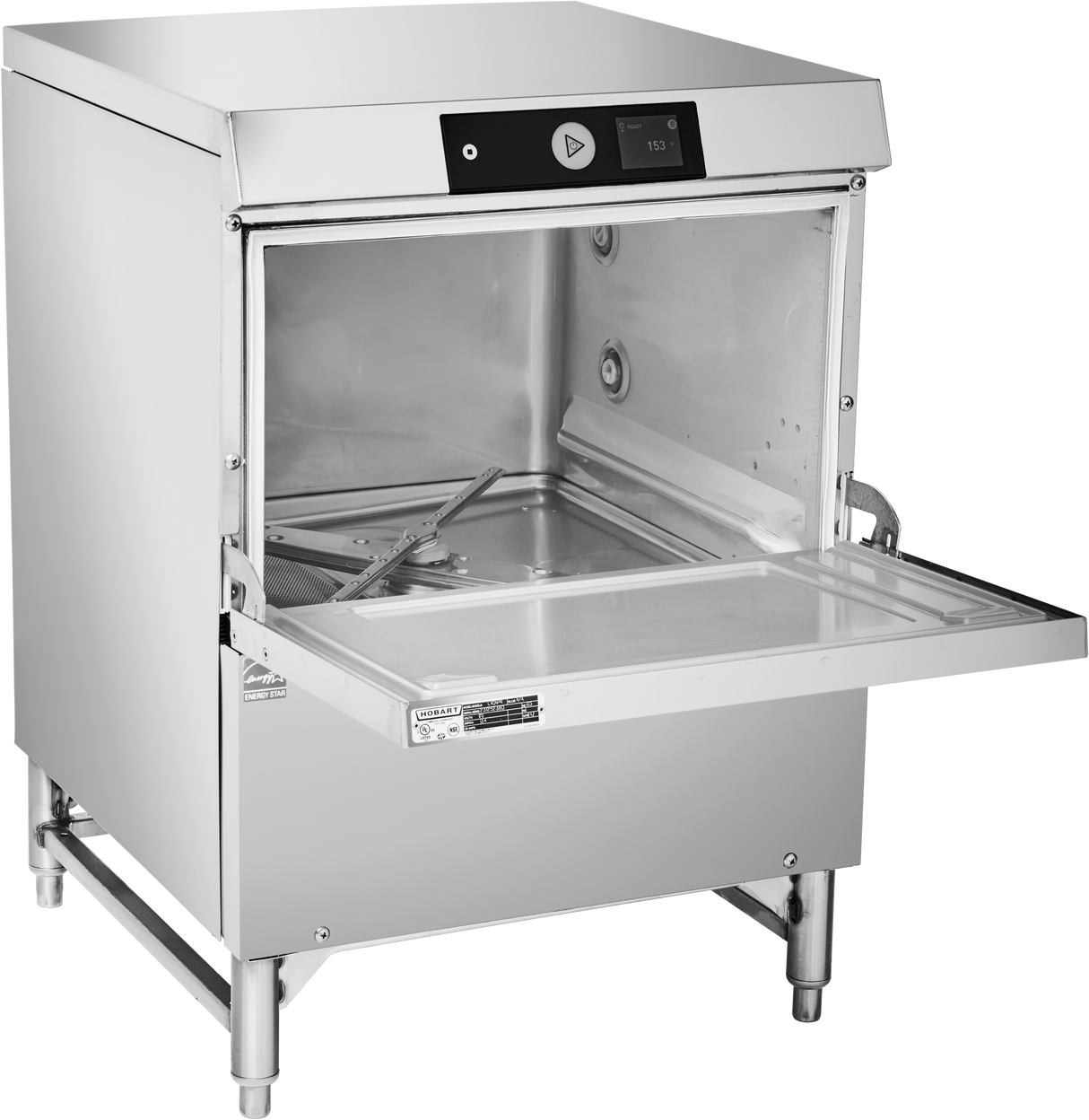 A commercial stainless steel undercounter dishwasher with a front-loading door open, revealing interior racks and spray arms. The control panel is on top, featuring hot water sanitization, sturdy legs, and a modern, industrial design.