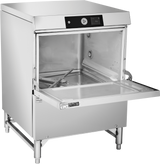 A commercial stainless steel undercounter dishwasher with its front door open reveals an empty interior with spray arms and racks. The control panel with buttons and a display screen is visible on top, while the machine stands sturdily on four legs.