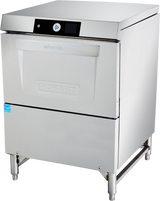 A commercial Hobart Advansys undercounter dishwasher, stainless steel, with a digital control panel, visible brand logo, and sturdy metal legs stands alone on a white background. The front-facing door is closed for hot water sanitation.