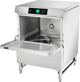 A stainless steel undercounter dishwasher with its front door open reveals an empty interior and rotating spray arms. The control panel above the door displays a digital screen, indicator lights, and a green start button. The machine stands on four legs.