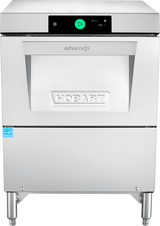 Stainless steel Hobart Advansys commercial undercounter dishwasher with a digital control panel, green start button, and temperature display. The front features a recessed handle and embossed HOBART logo. Appliance stands on four metal legs.