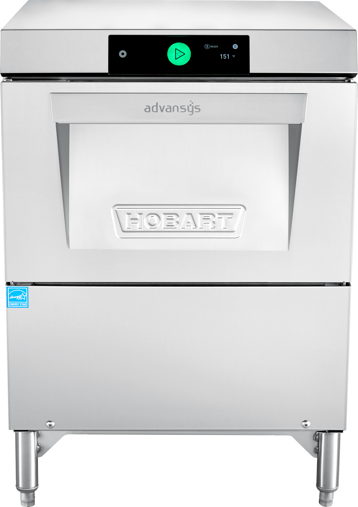 A stainless steel Hobart Advansys undercounter dishwasher with a digital control panel displaying a green start button and temperature. The front features a prominent handle, HOBART logo, and stands on four legs. Ensures hot water sanitization for reliable results.