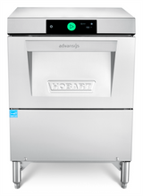 A commercial stainless steel Hobart undercounter dishwasher with a digital control panel displaying 151°F, a green start button, “advansys” label, and a clear window. ADA compliant, it stands on four legs and features a blue energy certification sticker.