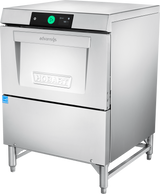 A stainless steel Hobart Advansys Undercounter Dishwasher stands on adjustable legs. The front features a handle, a prominent Hobart logo, and a touch control panel with digital display and green start button at the top. The design is sleek and industrial.