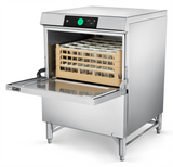 A commercial Hobart LXGNR-30 undercounter dishwasher with an open door reveals a beige rack loaded with clean glasses. The control panel on top displays a green start button and digital settings, and the dishwasher stands on sturdy legs.