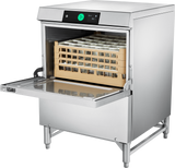 A commercial stainless steel undercounter dishwasher with the door open reveals a beige rack neatly filled with glassware. The digital control panel features a green start button, while hot water sanitization ensures spotless results. The appliance stands on four sturdy legs.
