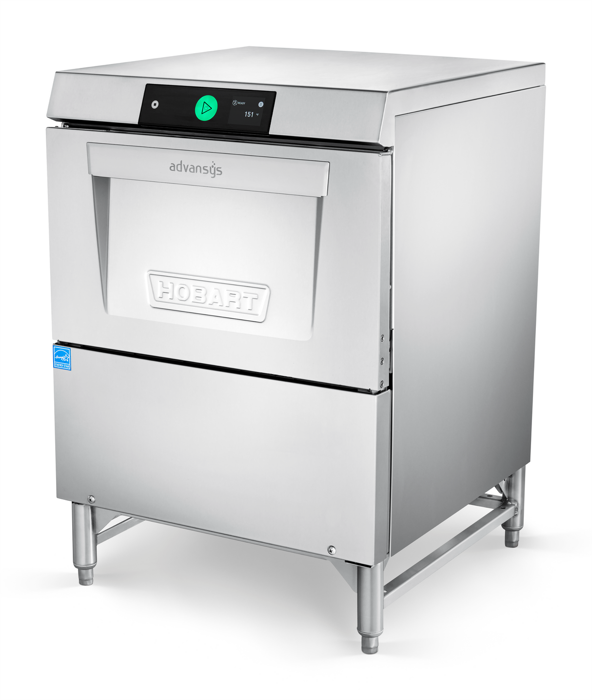 A stainless steel Hobart LXGNR-30 undercounter dishwasher with a digital control panel and green start button. The front features a large handle, the “Hobart” logo, and its compact, boxy design stands on four legs with a slightly recessed base.