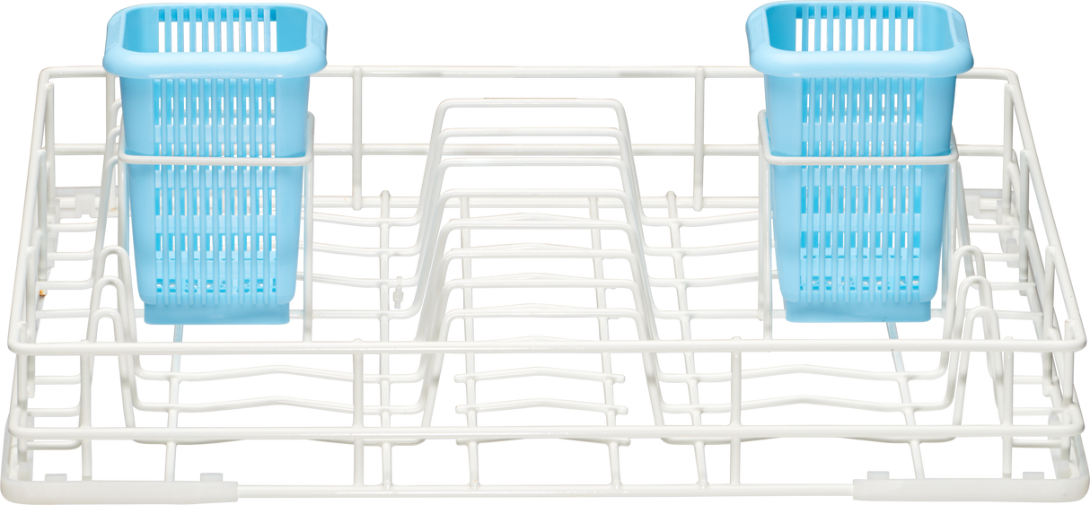 A Hobart two level wire rack with white metal prongs and two blue silverware baskets at the back corners. The empty rack, viewed from above, displays its organized spaces for dishes and flatware.