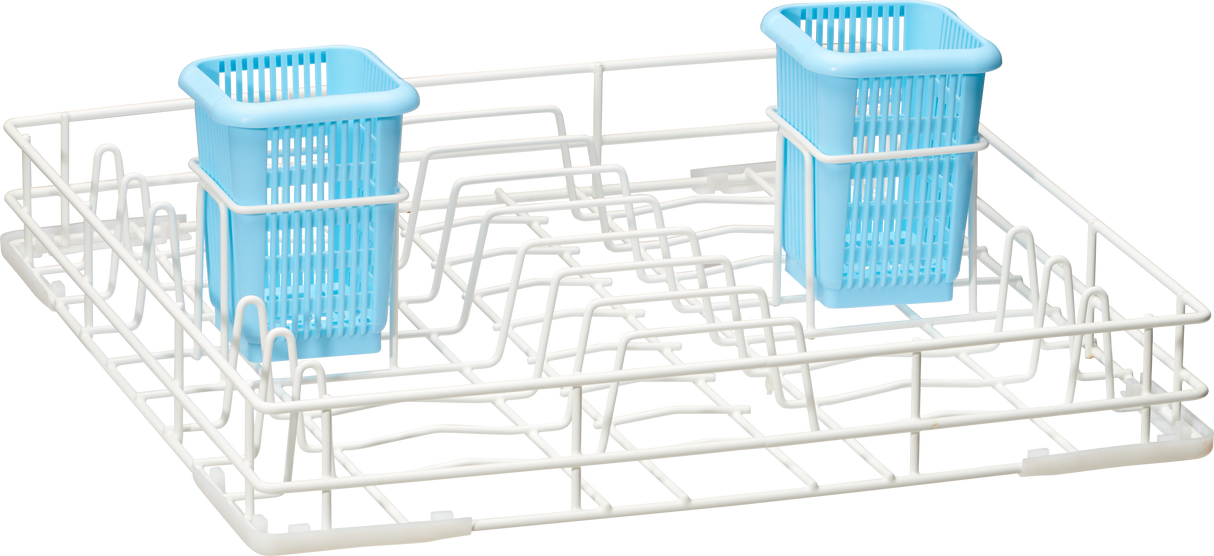 A white Hobart two level wire rack with two rectangular blue silverware baskets attached. The rack features various wire sections for holding dishes, and the background is plain white.