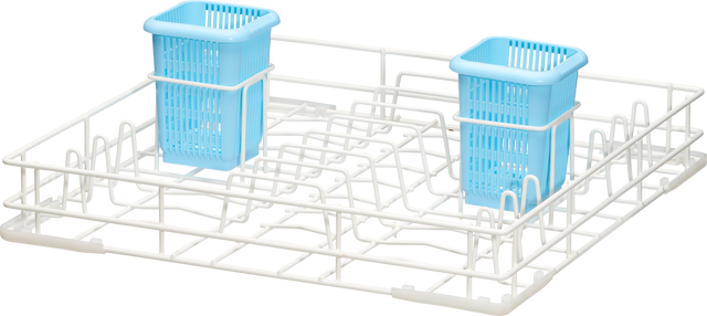 A white Hobart Two Level Wire Rack with multiple dividers for organizing dishes and two blue plastic silverware baskets attached near the center. The rack features an uncluttered, plain background.