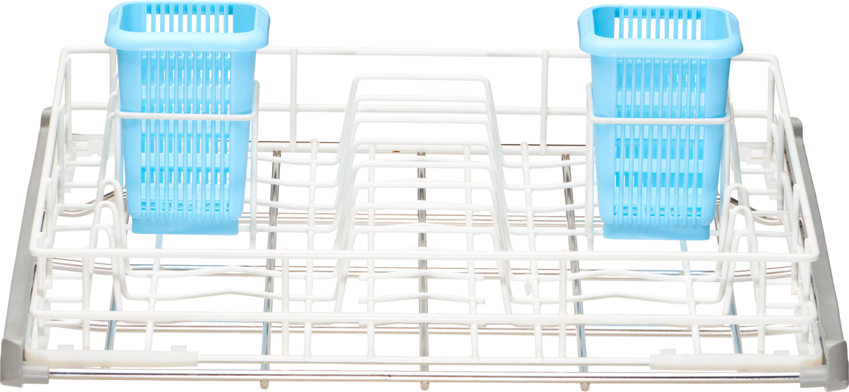 A Hobart white dishwasher rack with two level wire racks and blue silverware baskets is shown. The rack’s multiple rows organize dishes, while the silverware baskets sit in the back corners. The image is captured from a front-facing angle.