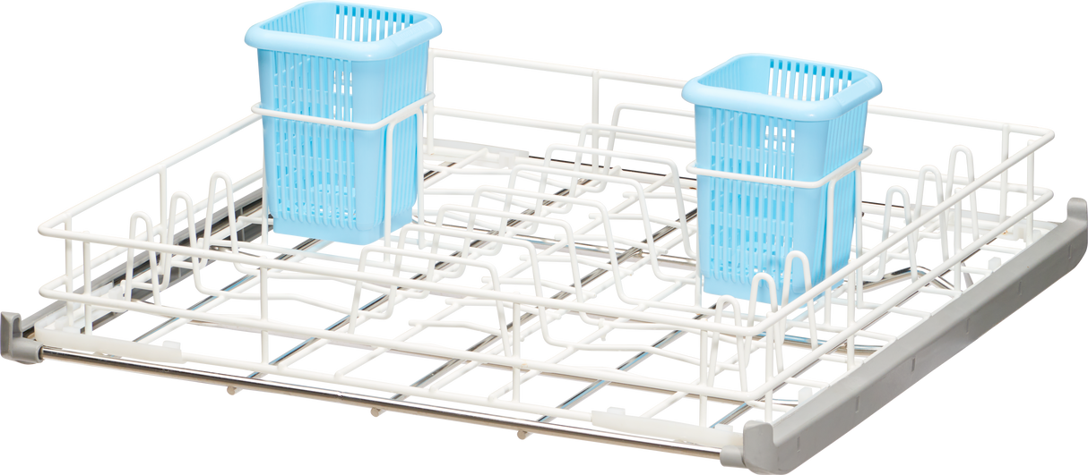 A white Two Level Wire Rack dishwasher rack with two rectangular blue silverware baskets placed upright in each corner. The Hobart rack features metal rails and dividers for organizing dishes, set against a plain white background.
