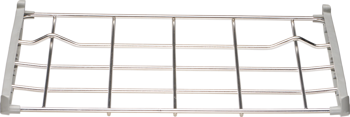 A metal wire rack with five horizontal and four vertical bars, bordered by two white plastic ends. This rectangular, grid-like Two Level Wire Rack is ideal for organizing items, such as Hobart silverware baskets, and is viewed from above.