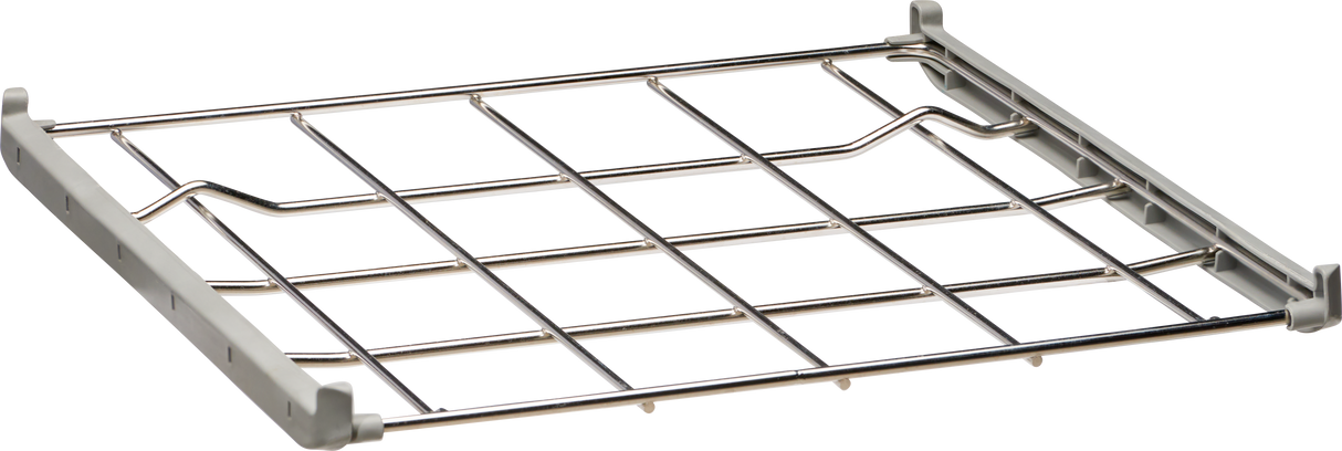 A rectangular metal oven rack with silver bars and a gray frame, featuring a grid pattern with evenly spaced wires. This two level wire rack offers raised edges and attachment points for securing inside an oven. The background is plain white.