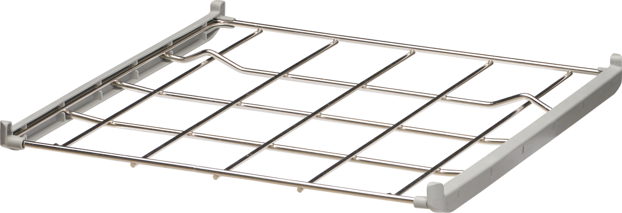 A Hobart Two Level Wire Rack with a grid pattern of parallel and perpendicular bars features plastic clips on both ends for attachment and stability. The rack, ideal for silverware baskets, is set against a plain white background and viewed from above at an angle.