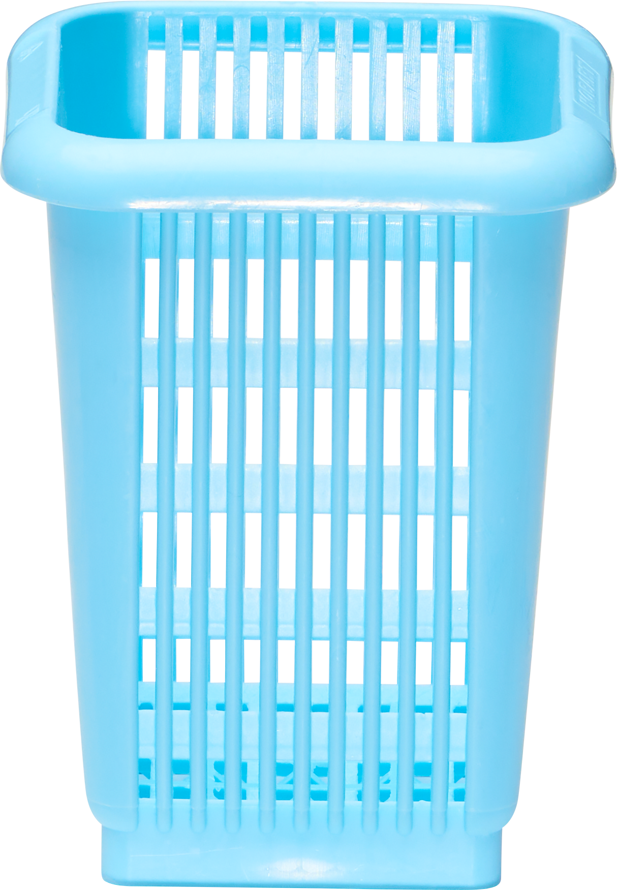 A rectangular, upright, blue plastic basket with vertical and horizontal slats creating an open grid design. Ideal for use as silverware baskets or alongside a Hobart two level wire rack, it features a wide rim and smooth, rounded edges.