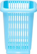 A rectangular, upright, blue plastic basket with vertical and horizontal slats creating an open grid design. Ideal for use as silverware baskets or alongside a Hobart two level wire rack, it features a wide rim and smooth, rounded edges.