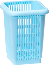 A light blue plastic wastebasket with vertical slits and a rounded rectangular rim, similar to silverware baskets or a replacement wire rack. The basket is empty on a white background, highlighting its simple, ventilated design.