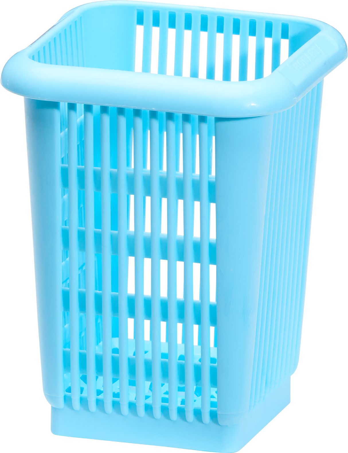 A light blue, rectangular plastic basket with vertical and horizontal slats forming open sides. Ideal as a silverware basket or replacement wire rack, it has rounded edges, a slightly flared rim, and a square base for simple, functional use.